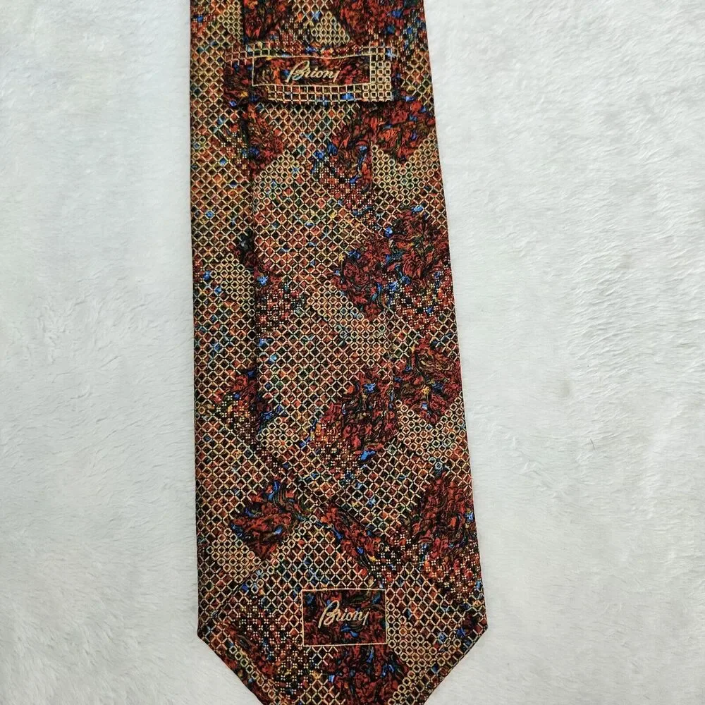 Brioni‎ Silk Tie Mens Luxury Red Gold Floral Handmade in Italy Designer Wedding